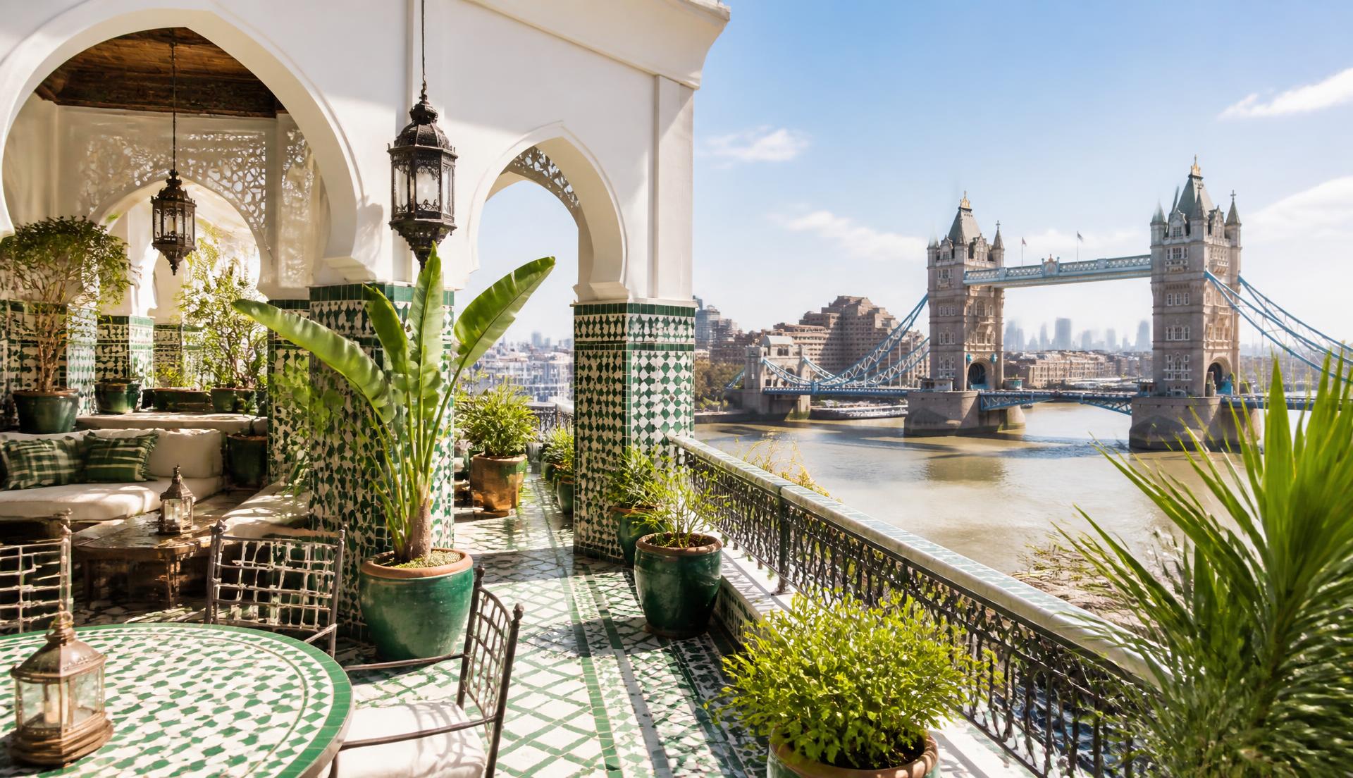 Moroccan tiled terrace overlooking Tower Bridge and the River Thames in London