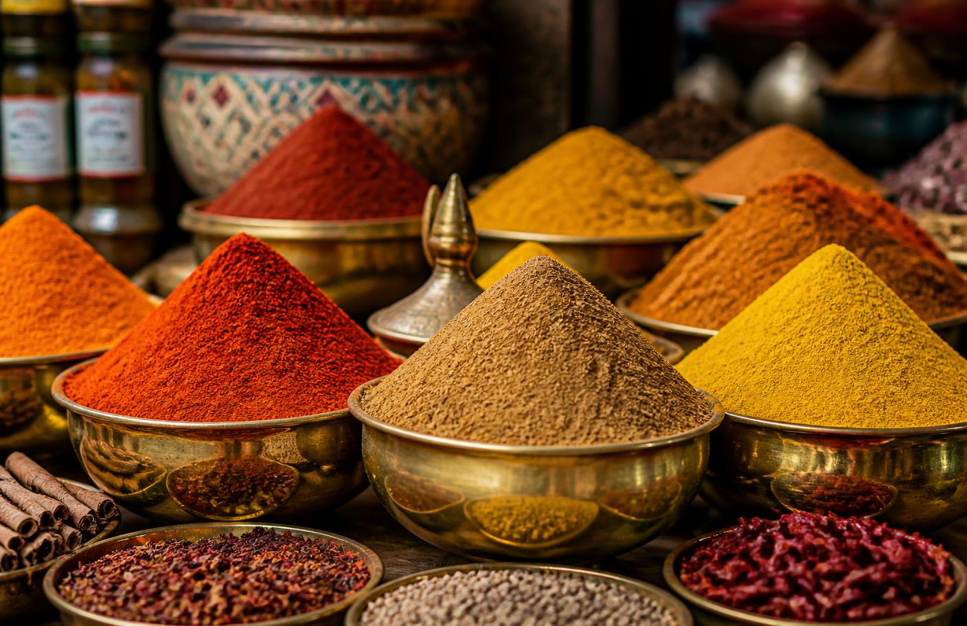 Moroccan spice stall in the medina of Fez